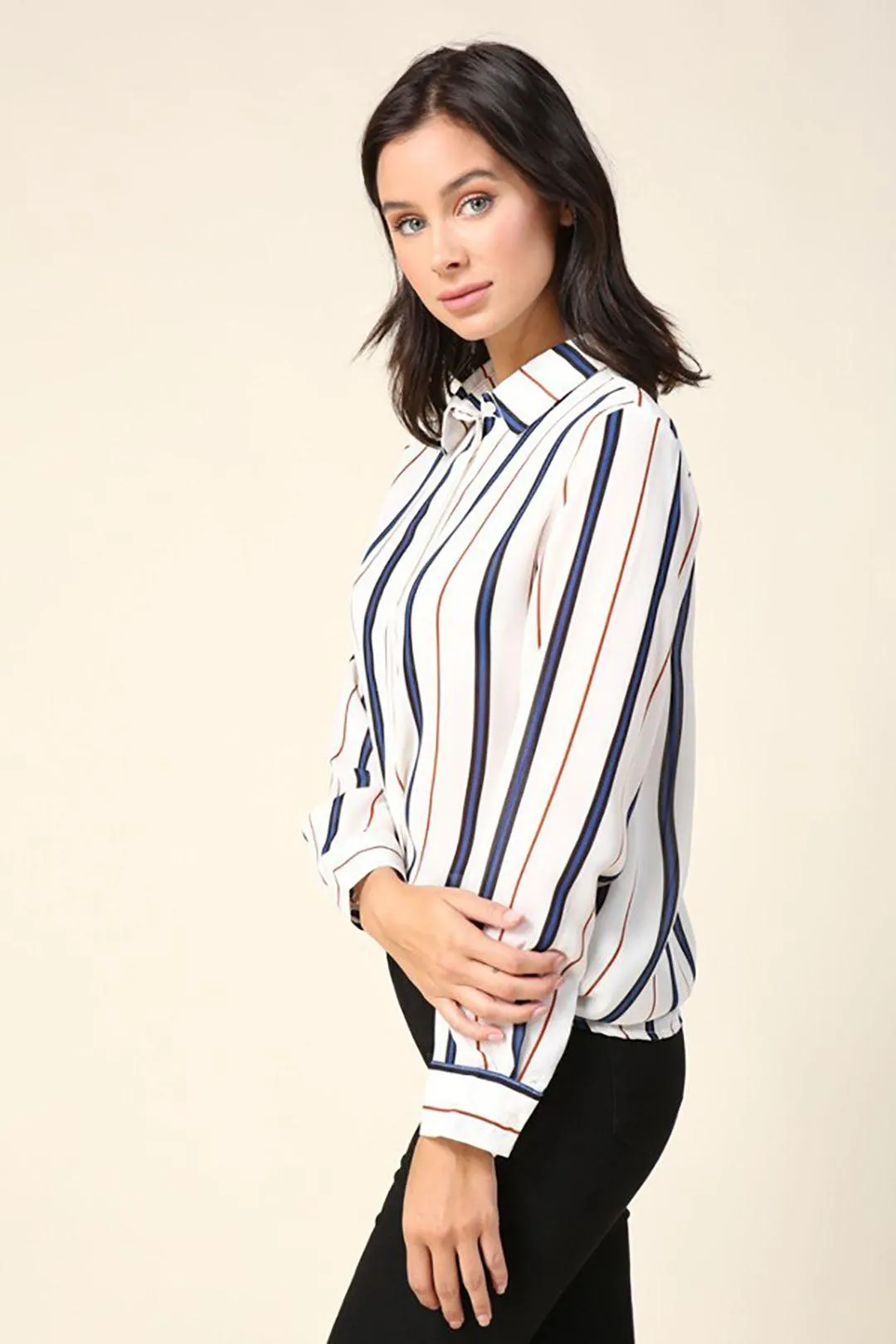 Stripe Cream & Navy Long Sleeve Button Down Shirt