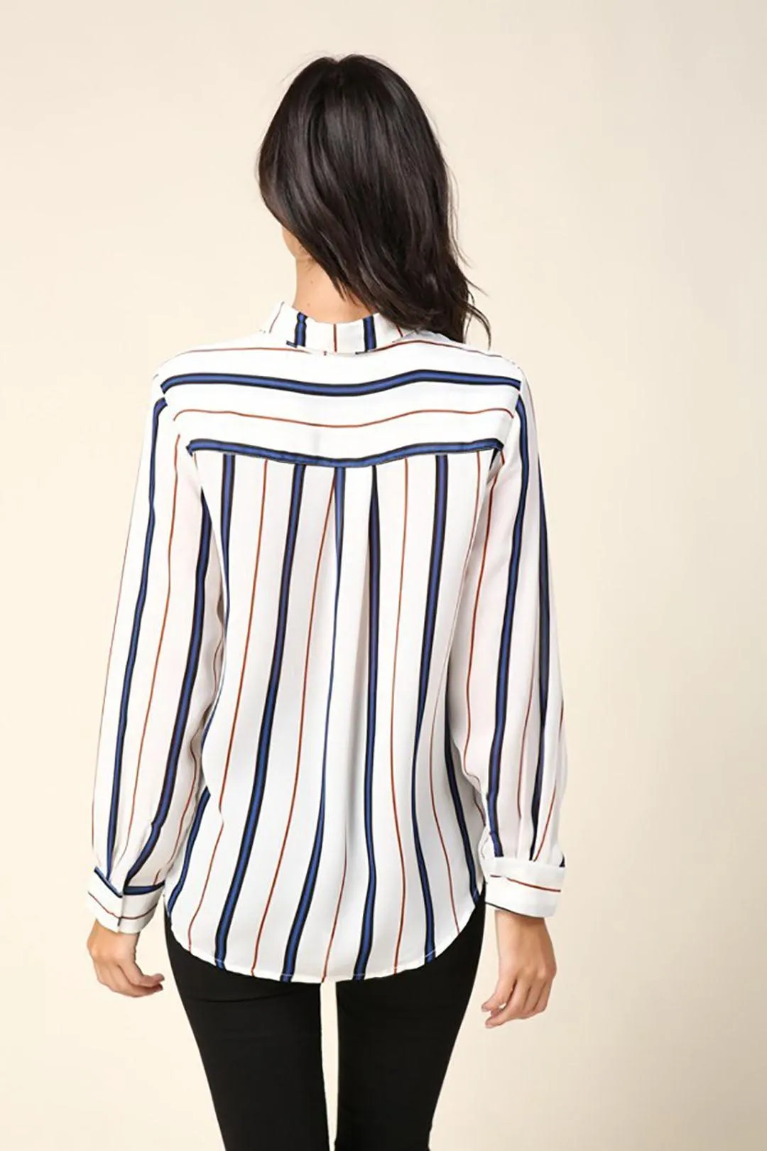 Stripe Cream & Navy Long Sleeve Button Down Shirt