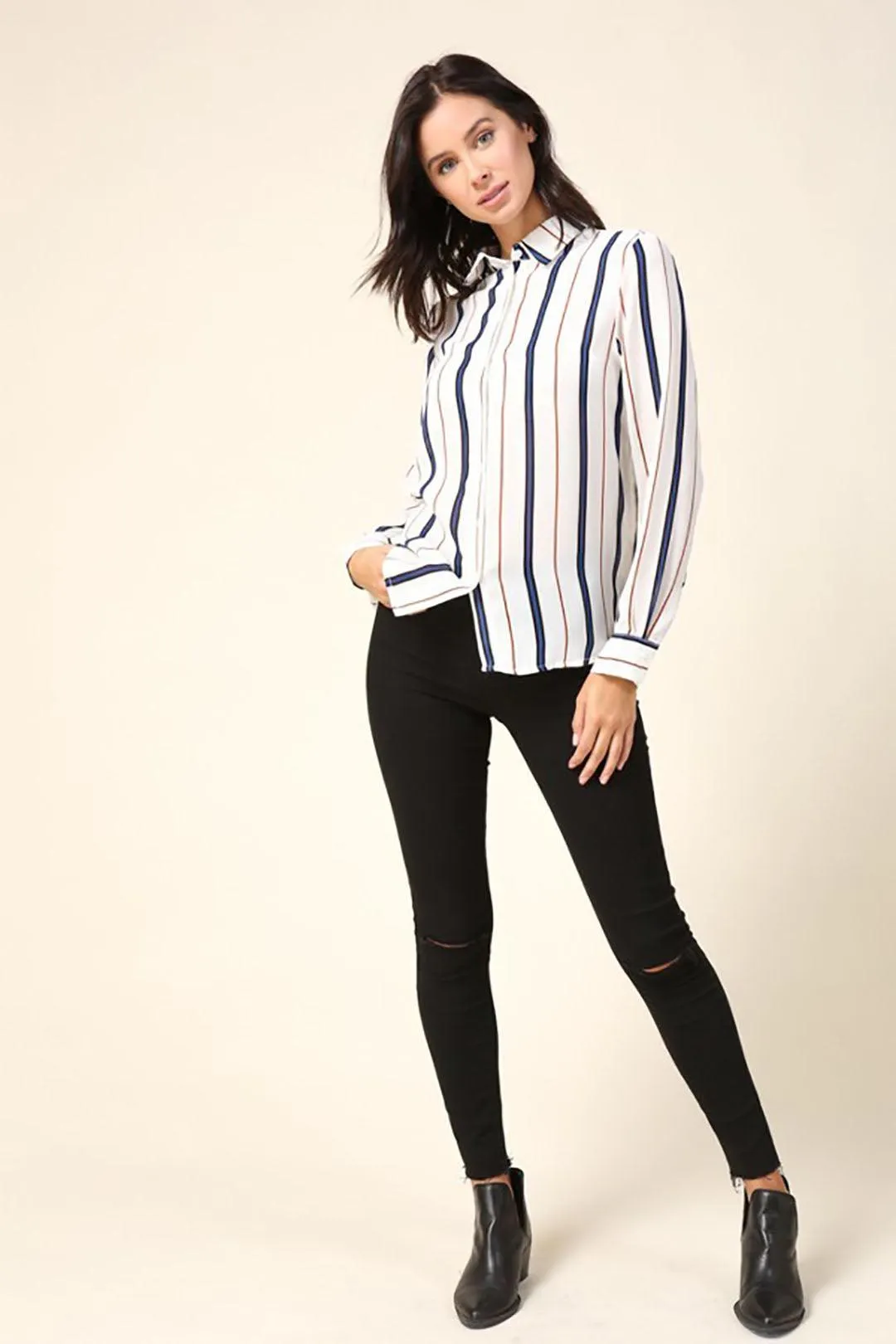 Stripe Cream & Navy Long Sleeve Button Down Shirt