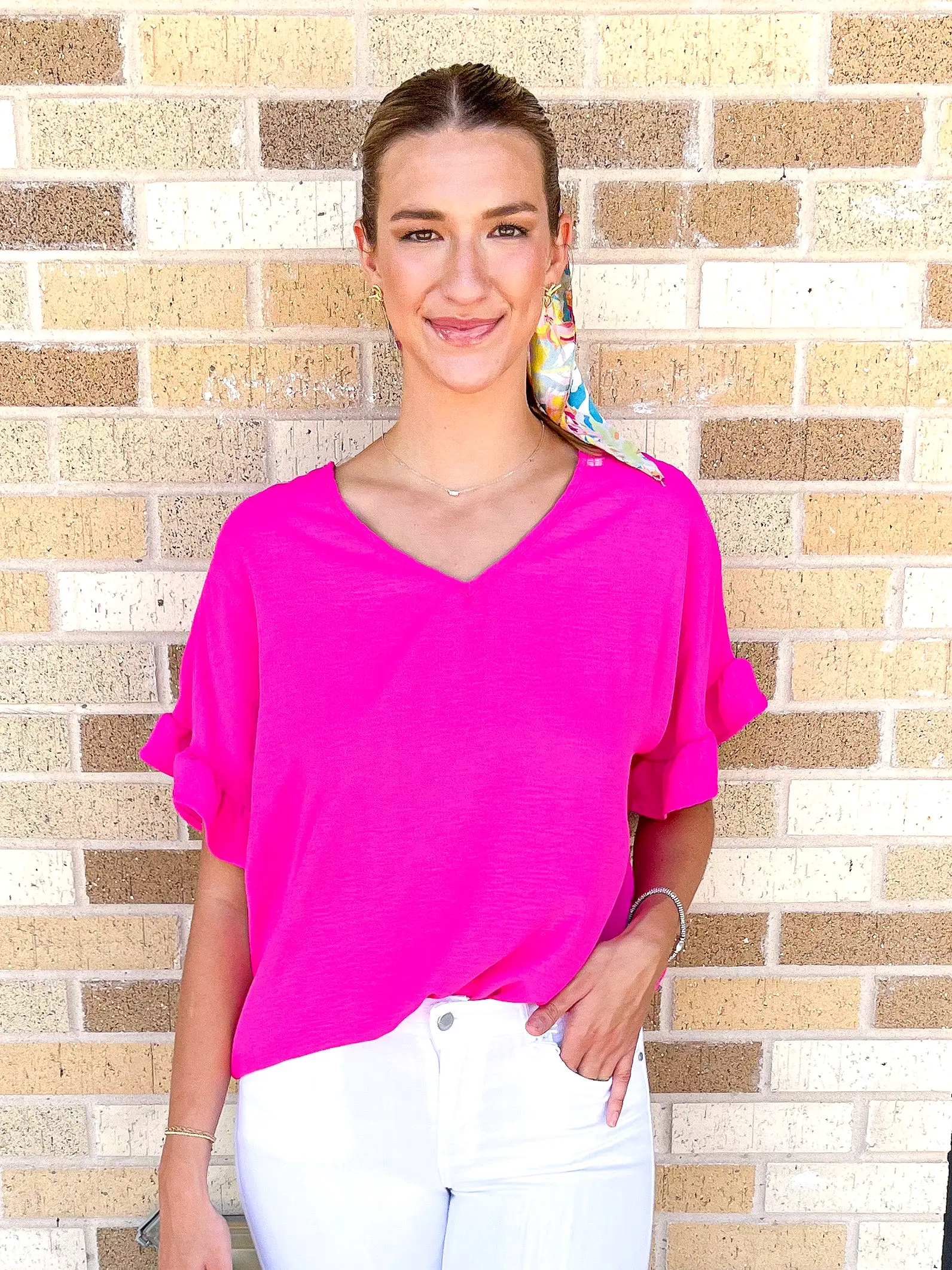 V-Neck Ruffle Sleeve Top- Hot Pink