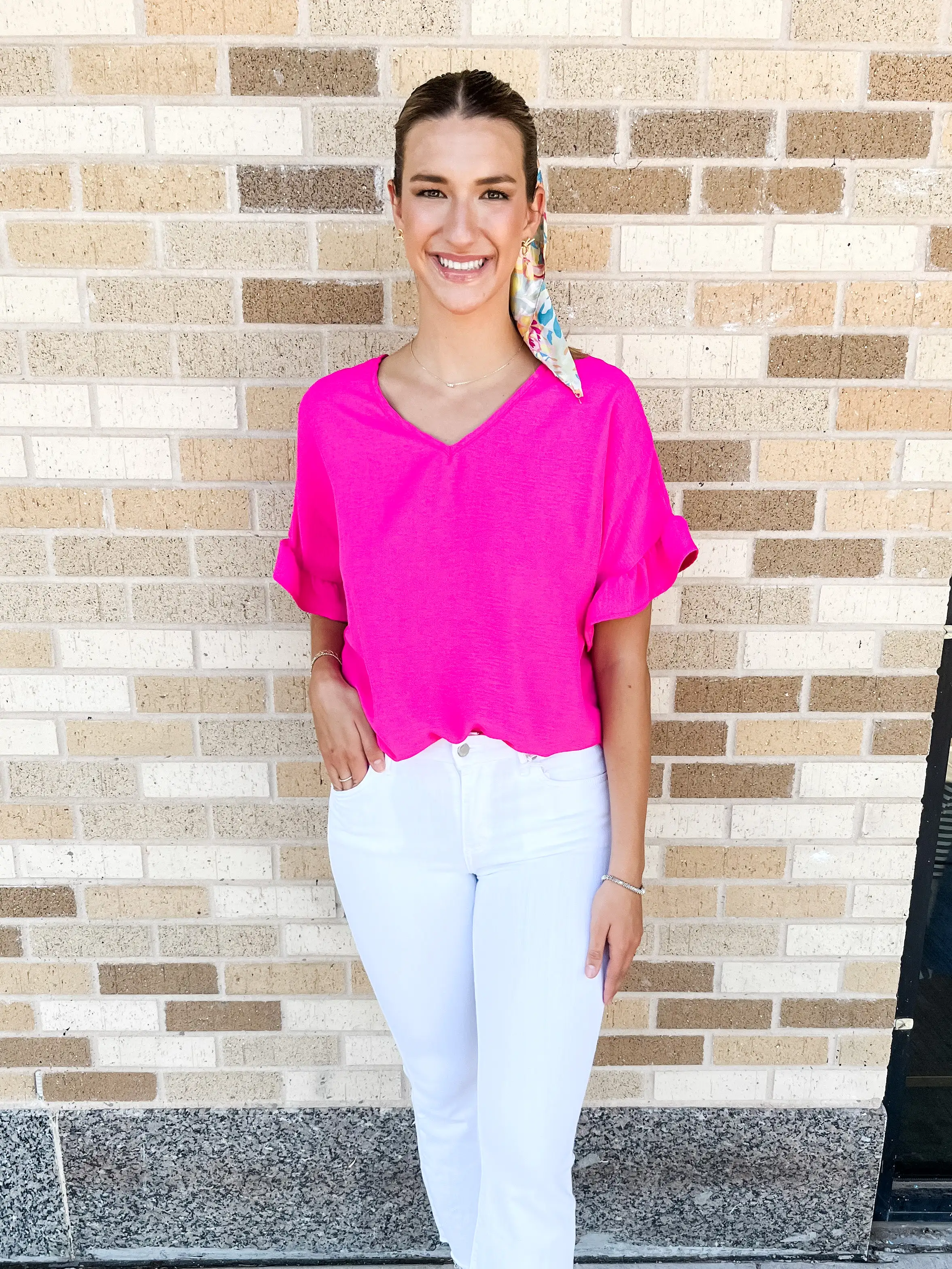 V-Neck Ruffle Sleeve Top- Hot Pink