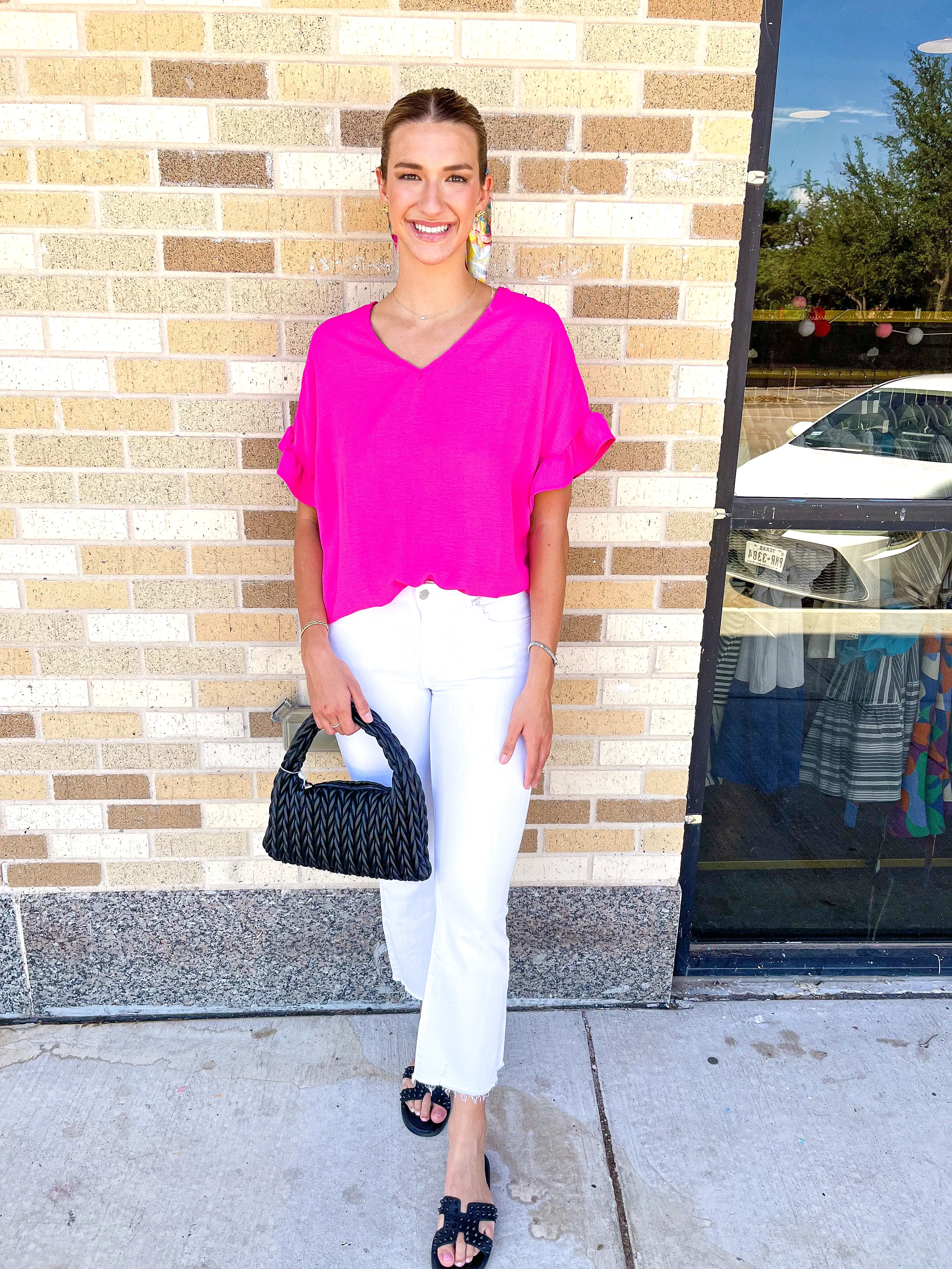 V-Neck Ruffle Sleeve Top- Hot Pink