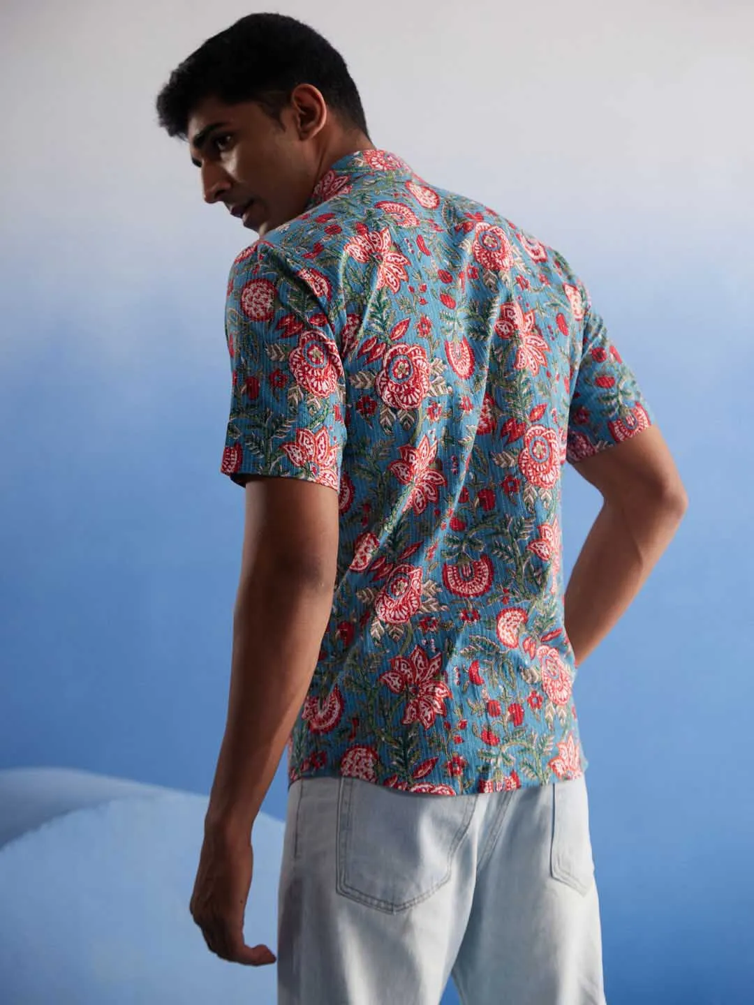 Vastramay Men's Aqua Kalamkari Cotton Shirt