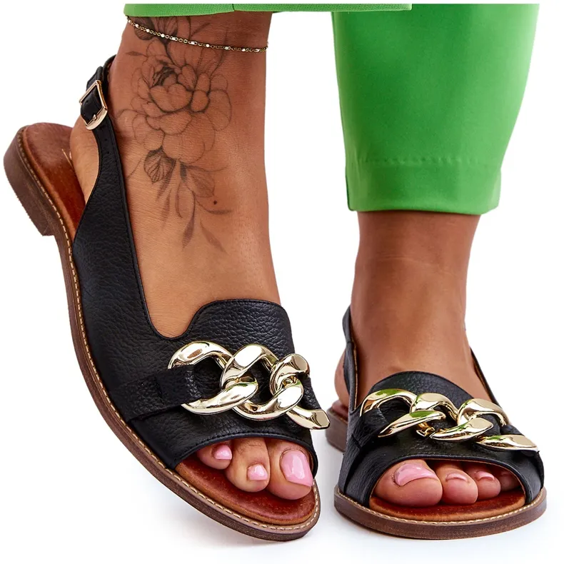 Women's Leather Sandals Lewski Shoes 3230 Black Peas