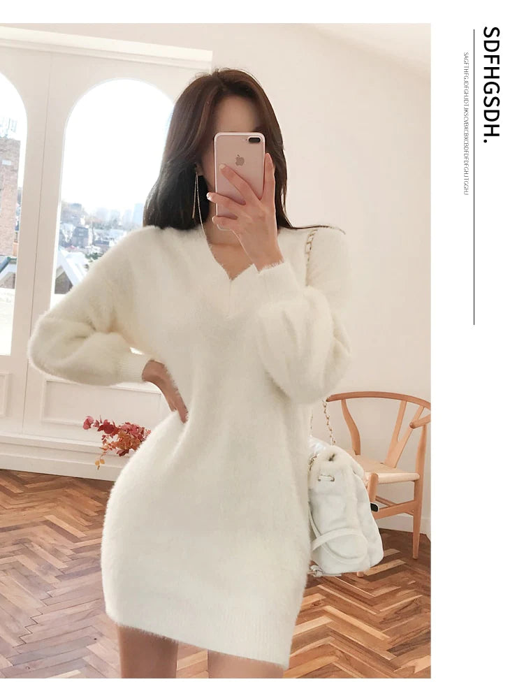 Women's Winter Acrylic V-Neck Bodycon Pullover Solid Slim Elastic Dresses